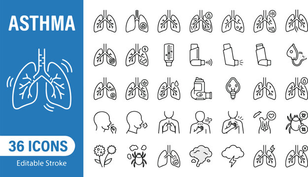 Asthma and respiratory health web icons in line style. Lungs, inhaler, allergy, medical, treatment, nebulizer, coughing, breathing collection. Editable stroke medical outline icon set. Vector.