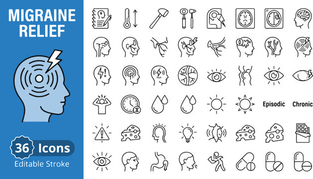Migraine relief and headache symptoms web icons in line style. Chronic pain, medical triggers, neurology diagnosis, and health treatment collection. Editable stroke vector illustration set.