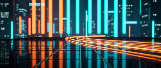 Obraz premium Futuristic neon cityscape with glowing orange and blue light trails on a sleek reflective surface, evoking speed and technology in an urban nighttime setting.