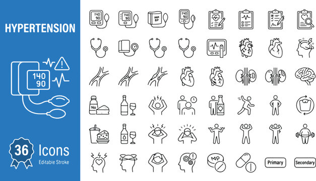 Hypertension medical web icons in line style. Blood pressure, cardiology, heart health, causes, symptoms, and treatment collection. Vector illustration of cardiovascular disease editable stroke.