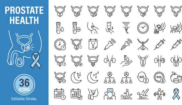 Prostate health and medical icons in line style. Urological exams, cancer awareness ribbon, PSA test, prostatectomy, male anatomy, and lifestyle icons collection. Editable stroke. Vector graphic.