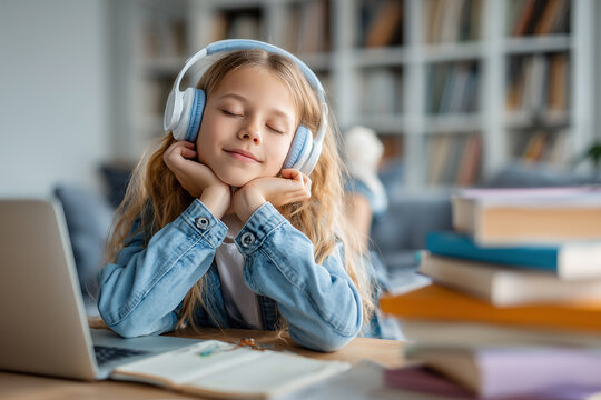 Happy schoolgirl wearing headphones while studying online with a laptop at home. Young student smiling during дистанционное обучение with notebooks and school supplies on the desk