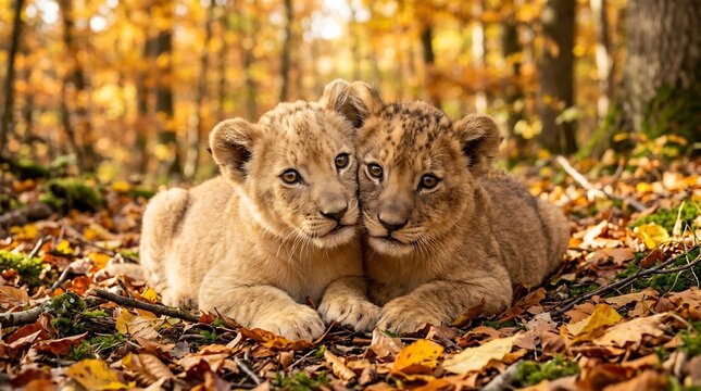 Singa cubs resting together on autumn forest floor