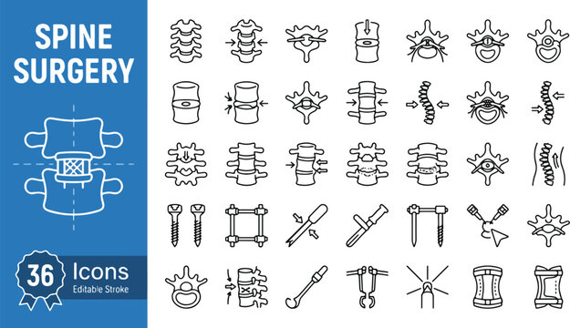 Spine surgery and orthopedic medical line icons set. Vertebrae, spinal column, surgical tools, neurosurgery, implants, scoliosis treatment, herniated disc. Health care outline. Editable stroke. Vector