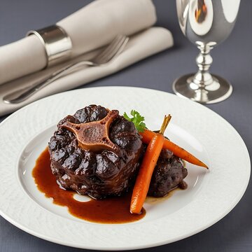A slow-cooked Rabo de Toro (oxtail stew) served on a sophisticated white porcelain plate. The meat is tender and dark, surrounded by a rich reduction sauce and glazed carrots. A linen napkin and a sil