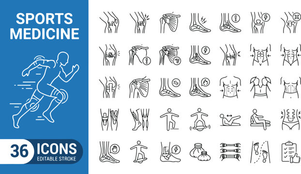 Sports medicine web icons in line style. Knee, shoulder, ankle, spine injuries, physical therapy, rehabilitation exercises treatment collection. Medical outline icon. Editable stroke. Vector.