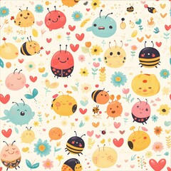Fototapeta premium Cute, colorful cartoon bugs and bees with flowers and hearts on a light background, creating a playful and cheerful pattern.