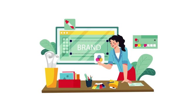 Graphic Design Studio and Brand Logo Development Animation: Female Designer with Color Swatch Working at Desk with Creative Vector Software, Seamless Loop.