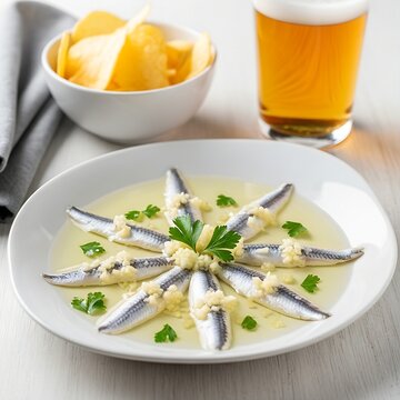 A clean, bright composition of Boquerones en Vinagre (white anchovies in vinegar). The silvery fillets are arranged in a star pattern in a white ceramic dish, topped with minced garlic and parsley. A 