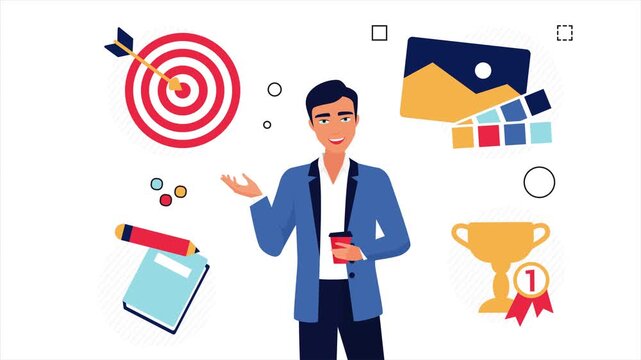 Creative Director Presentation and Marketing Campaign Strategy Animation: Businessman Gesturing by Target Bullseye, Design Palette, Notebook, and Gold Trophy, Seamless Loop.