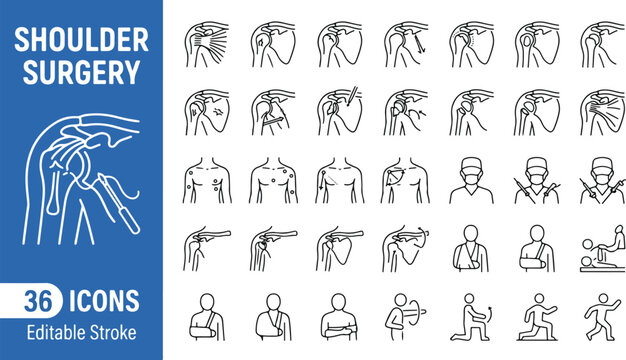 Shoulder surgery and orthopedic medical web icons in line style. Joint anatomy, arthroscopy, surgical procedure, surgeon, physiotherapy and rehabilitation collection. Editable stroke. Vector icons.