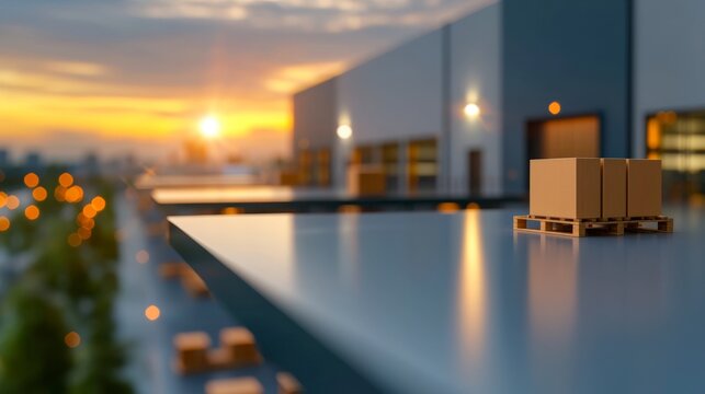 Sunset over warehouse with empty wooden pallet and boxes, logistics and shipping industry scene in the background