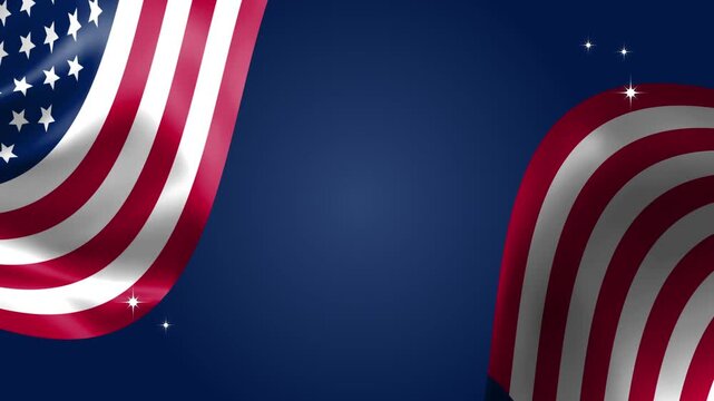 Waving American flag stripes and stars on a deep blue motion background creating a bold patriotic backdrop for Fourth of July, Memorial Day, Veterans Day and national celebrations. 4k resolution