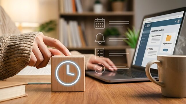 Person interacting with a glowing clock cube, symbolizing time management for online studies and assignment deadlines on a laptop with steaming coffee.