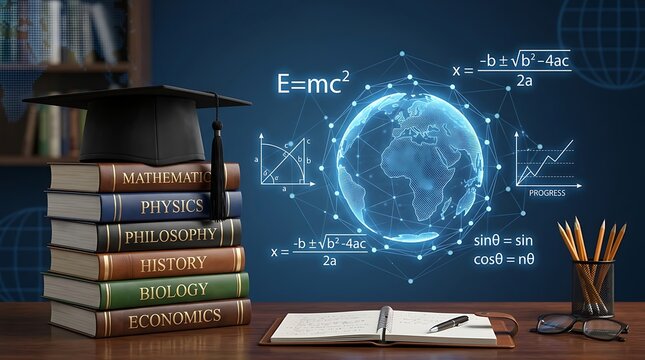 Academic Graduation Cap on Stack of Scientific and Humanities Books with Global Network, Equations, and Charts Representing Education