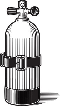 Vintage scuba tank illustration with valve and strap on a white background