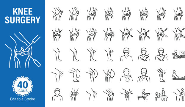 Knee surgery and orthopedics medical web icons in line style. Joint replacement, arthroscopy, bone health, physical therapy, surgeon, injury rehabilitation collection. Outline vector illustration.