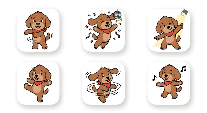 Cute 2D flat line art dancing brown dog character icon set isolated on white background