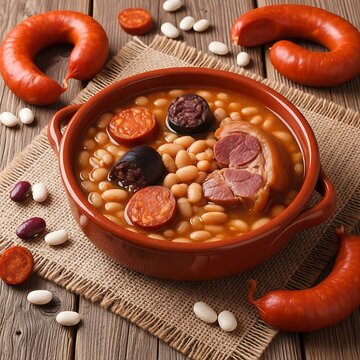 A hearty Fabada Asturiana bean stew in a deep earthenware bowl. Visible chunks of chorizo, morcilla (blood sausage), and lac�n (ham hock). The bowl sits on a thick burlap runner with dried beans and w