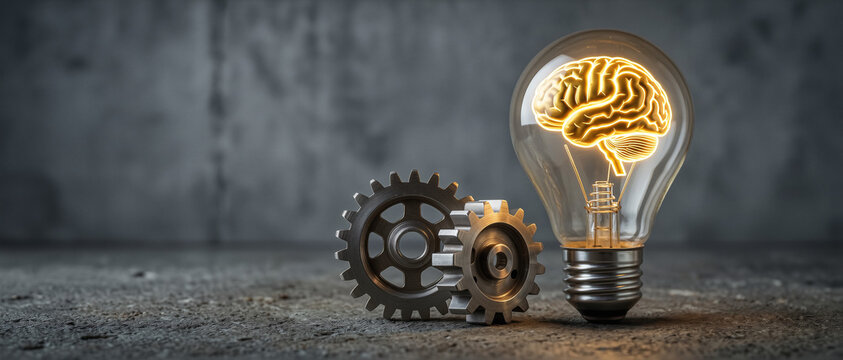 A glowing brain inside a lightbulb next to two metal gears on a rough surface symbolizes creativity and innovation.
