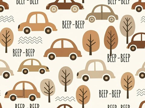 Simple brown cars and trees, cute pattern for children, with beep beep text