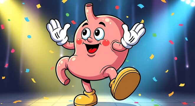 Cartoon pig character with party accessories and confetti.