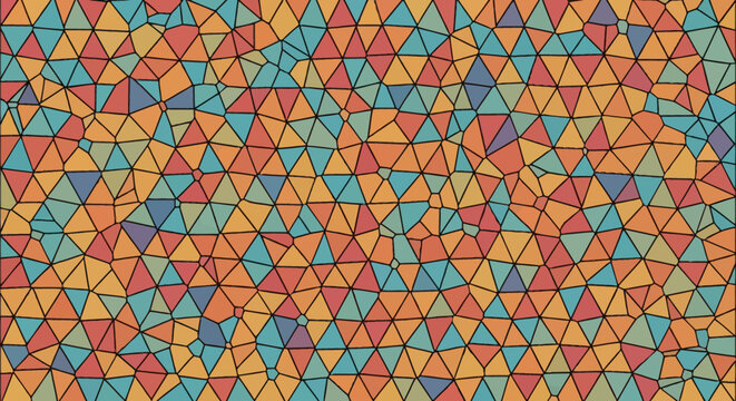 Abstract geometric mosaic pattern featuring a dense arrangement of multi-colored triangles and polygons with black outlines, colored in shades of orange, teal, yellow, and red.