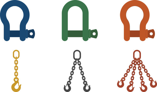 Set of industrial lifting and rigging equipment featuring colorful shackles chains and hooks in a flat vector design perfect for construction engineering and safety applications