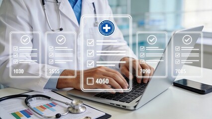 Fototapeta premium Doctor typing on laptop with medical billing codes and checklists overlay, representing healthcare administration, insurance claims processing, patient data management and
