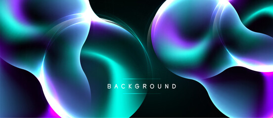Naklejka premium Abstract fluid shapes, vibrant colors, dark background. Modern design, glowing effects create dynamic visual impact.