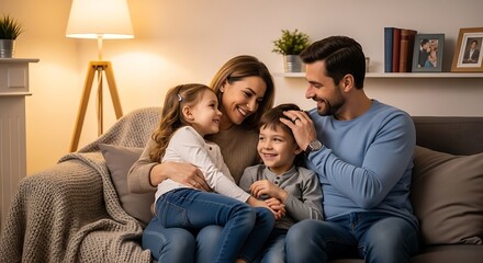 Fototapeta premium Happy family playing video games together indoors.