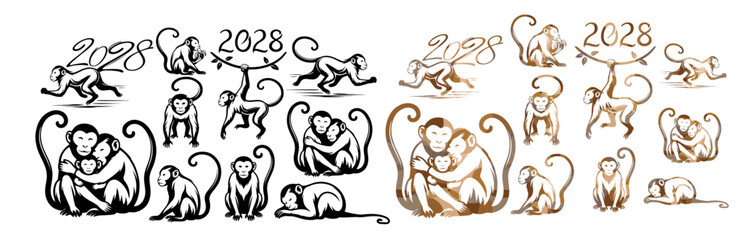 A large set of monkeys. Happy New year of the monkey 2028 greeting card for the Year of the monkey according to the Chinese calendar. Hand drawn. Not AI, vector illustration © Мария Неноглядова