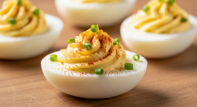 Four deviled eggs topped with paprika and chives sit on a wooden board