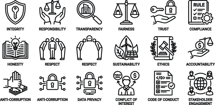 Line Icons Representing Legal Concepts And Corporate Values White Background