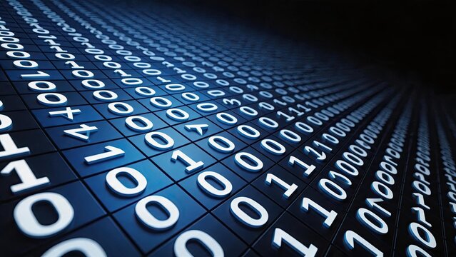 Abstract close up view of blue binary code data grid background representing digital information, computer programming, cybersecurity, and big data technology concept