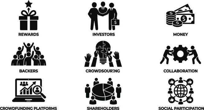 Business concept Flat Icons With Text Labels Black Silhouette Style