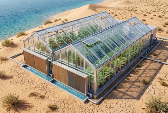 Modern glass greenhouse agriculture structure situated on a sandy beach