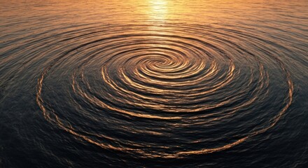 Fototapeta premium Rippled water surface, swirling from center, reflecting golden sunlight