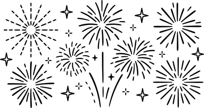 Hand drawn doodle fireworks set for festive celebrations.