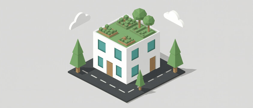 A minimalist isometric illustration of a white building with rooftop gardens and surrounding trees on a corner road under a cloudy sky.