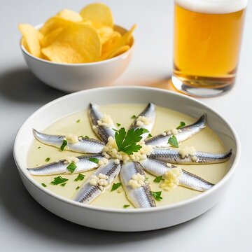 A clean, bright composition of Boquerones en Vinagre (white anchovies in vinegar). The silvery fillets are arranged in a star pattern in a white ceramic dish, topped with minced garlic and parsley. A 