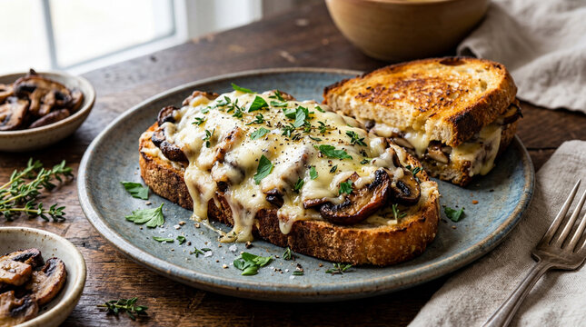 Gourmet mushroom grilled cheese sandwich, rustic sourdough toast with melted brie and saut&eacute;ed fungi, savory vegetarian brunch on wooden table isolated PNG with Transparent Background