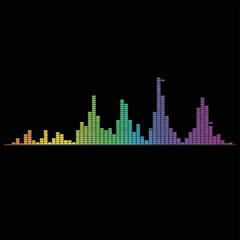 Obraz premium Colorful digital audio spectrum equalizer with rainbow gradient vertical bars showing sound frequency peaks and levels on a solid black background for music visualization.