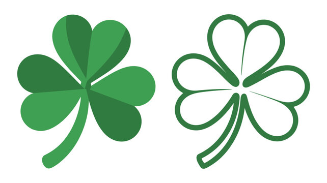 Two green four-leaf clovers in filled and outline vector illustration styles