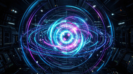 Fototapeta premium Ai eye glowing neon hologram circle cyber interface data flow sci fi glowing ai eye hologram interface with neon circular rings and data flow