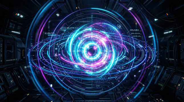 Ai eye glowing neon hologram circle cyber interface data flow sci fi glowing ai eye hologram interface with neon circular rings and data flow