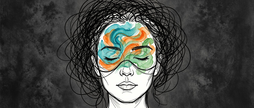 A black and white sketch of a person with a tangled, scribbled head and colorful abstract patterns inside their brain area.