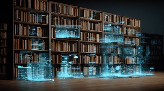 Futuristic library with holographic bookshelves displaying digital books and data streams