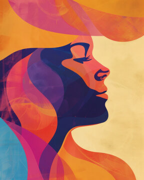 Minimalist female profile silhouette with smooth curves and color blocks
