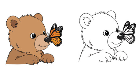 Cute Cartoon Bear Cub with Monarch Butterfly on Nose, Coloring Page and Color Version Set for Kids Activity, Hand Drawn Illustration Isolated on White Background © SHOHAG